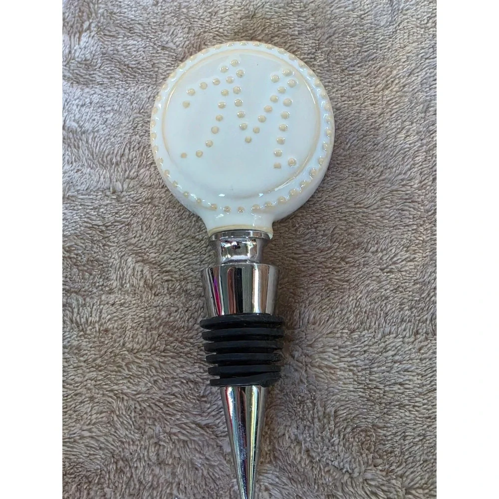 Monogram Initial M Ceramic Wine Bottle Stopper Chrome Metal Beaded White Cream